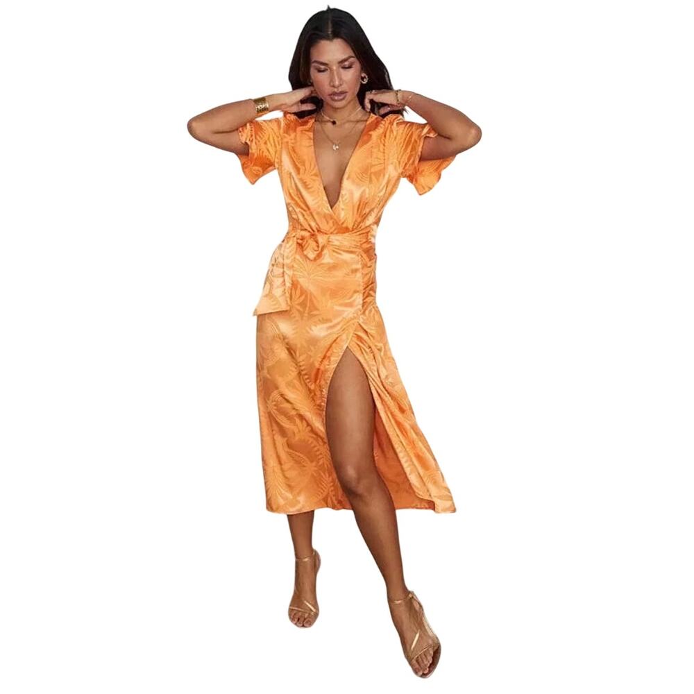 NeverFullyDressed Apricot Orange Palm Vienna Short Sleeve Midi Satin Wrap Dress